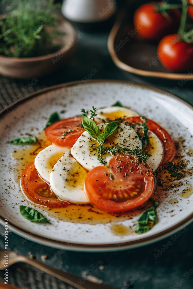 Fresh caprese salad on a plate with tomatoes, mozzarella, basil, and olive oil Fresh caprese salad on a plate with tomatoes, mozzarella, basil, and olive oil