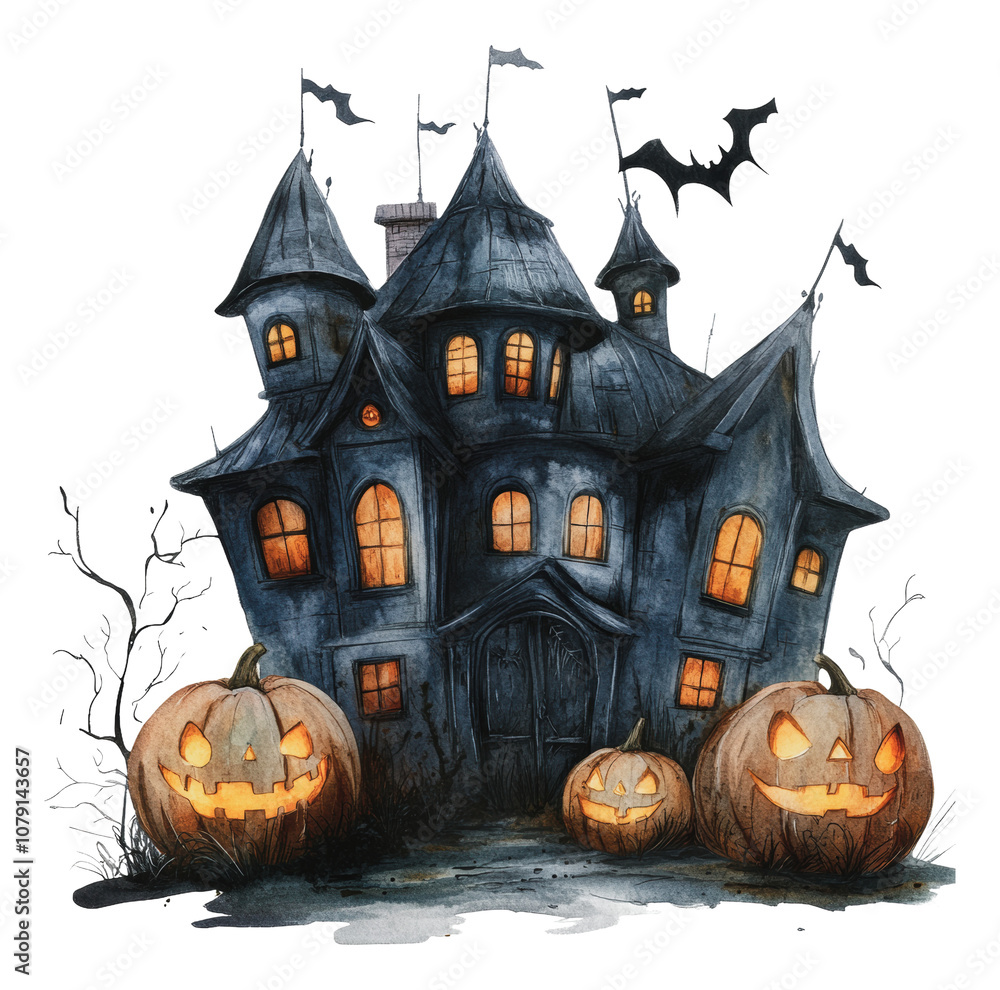 PNG Haunted house with glowing pumpkins PNG Haunted house with glowing pumpkins