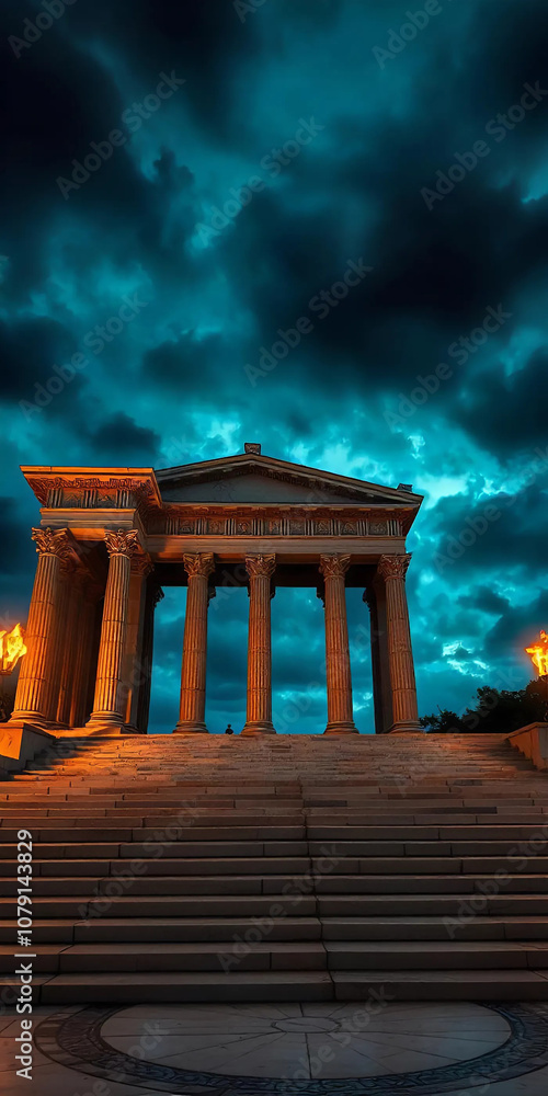 Fototapeta premium Majestic Ancient Temple Ruins Against a Vibrant Sky,Ancient Greek temple in Athens, showcasing the history, philosophy