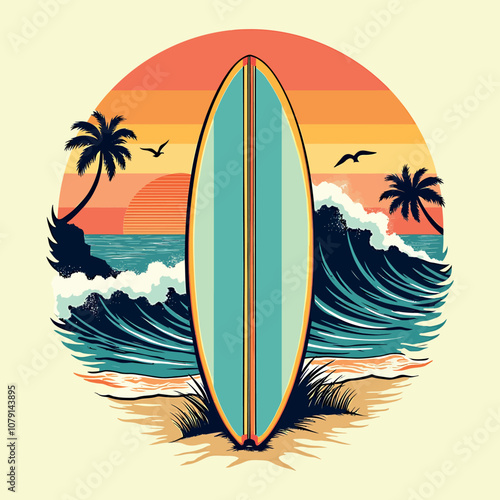 sunset surfing retro t-shirt design