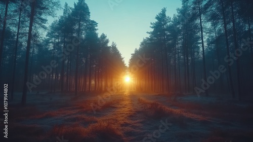 Sun rays illuminate a misty forest path at sunrise.