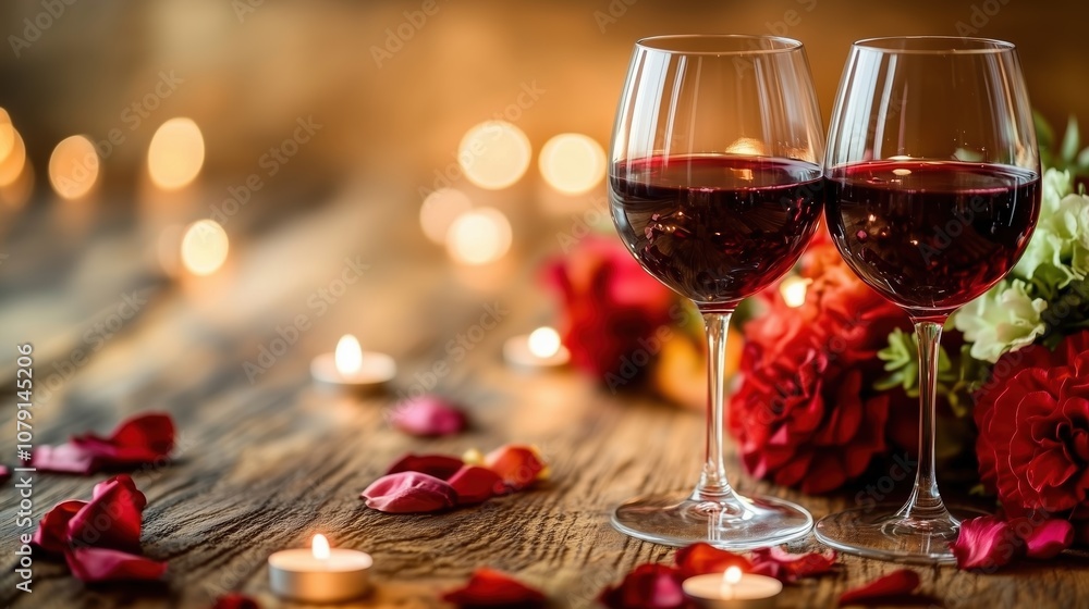 Couple of wine glasses are on a table with a bouquet of red flowers and candles. Scene is romantic and intimate Couple of wine glasses are on a table with a bouquet of red flowers and candles. Scene is romantic and intimate