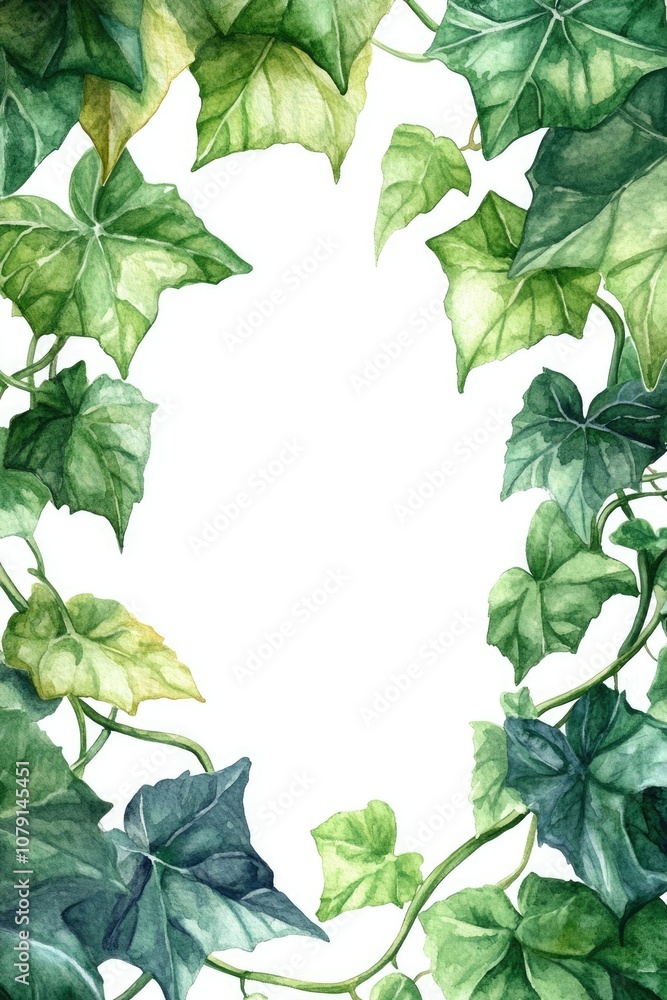Fototapeta premium Watercolor Ivy Branch Frame. Hand Drawn Leafy Decoration with Green Foliage on White Background