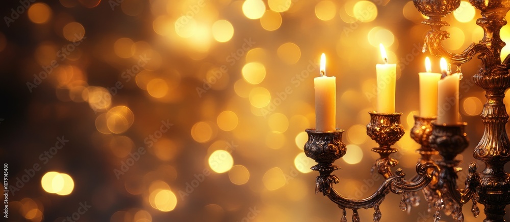 Candles glowing softly on ornate candlesticks against a blurred background creating a warm and inviting atmosphere Candles glowing softly on ornate candlesticks against a blurred background creating a warm and inviting atmosphere