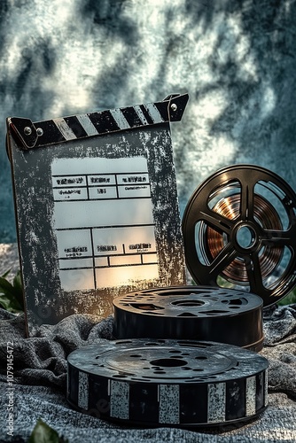 Vintage film reels and clapperboard on textured background photo