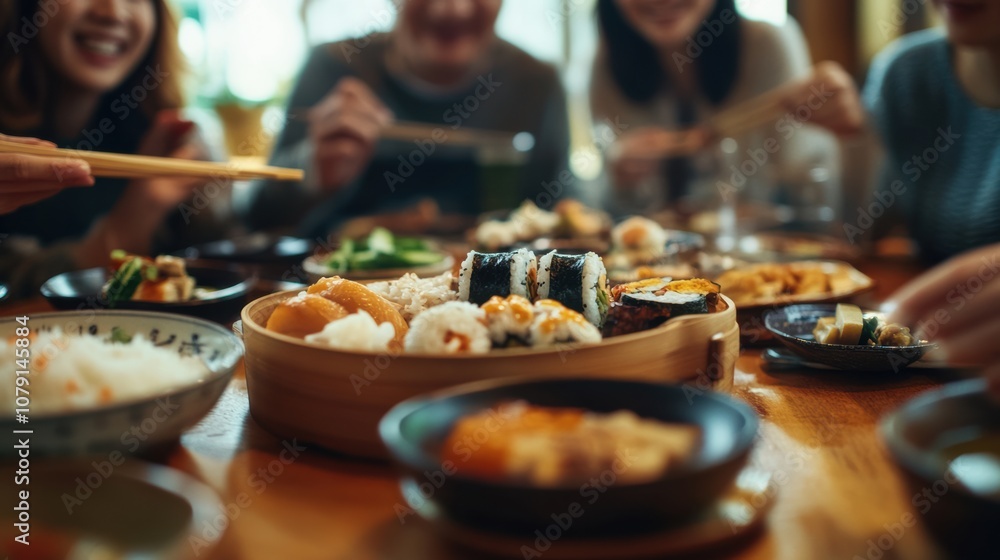Close-up of friends sharing various sushi dishes in a warm, social setting, capturing the joy of Japanese cuisine and communal dining. Close-up of friends sharing various sushi dishes in a warm, social setting, capturing the joy of Japanese cuisine and communal dining.