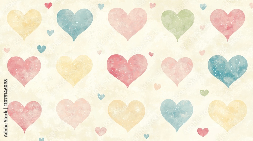 Colorful pattern of hearts is spread across a white background. The hearts are of various sizes and colors, creating a playful and cheerful atmosphere. Scene is one of warmth and happiness Colorful pattern of hearts is spread across a white background. The hearts are of various sizes and colors, creating a playful and cheerful atmosphere. Scene is one of warmth and happiness