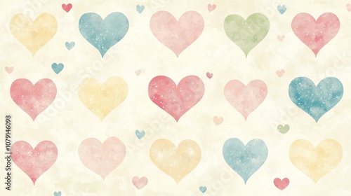 Colorful pattern of hearts is spread across a white background. The hearts are of various sizes and colors, creating a playful and cheerful atmosphere. Scene is one of warmth and happiness