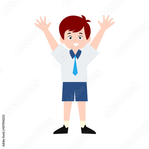 boy different pose activity school isolated on white background, uniform school white blue