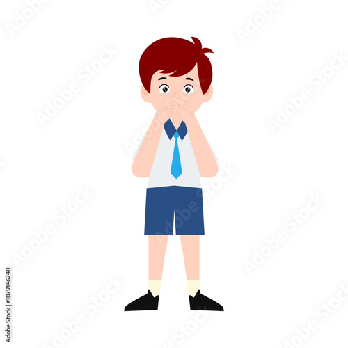 boy different pose activity school isolated on white background, uniform school white blue