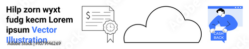 Cloud outline, financial certificate with dollar sign and ribbon, person holding Cash Back sign. Ideal for financial services, cloud computing, fintech, online transactions, e-commerce, rewards