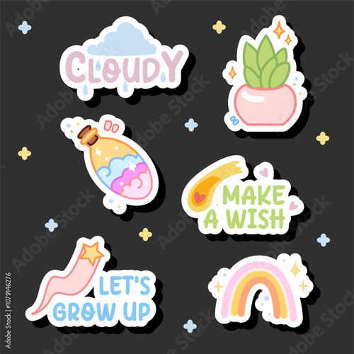 cute plant, star and rainbow with 2024 slang sticker pack design