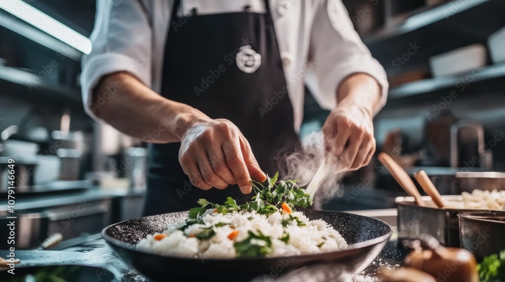Close-up of a chef adding fresh herbs to a steaming rice dish in a commercial kitchen, showcasing culinary expertise and gourmet preparation.
Close-up of a chef adding fresh herbs to a steaming rice dish in a commercial kitchen, showcasing culinary expertise and gourmet preparation.