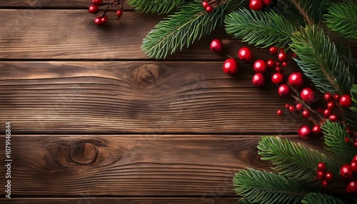 Christmas Evergreen Branches and Berries Over Rustic Wood Background