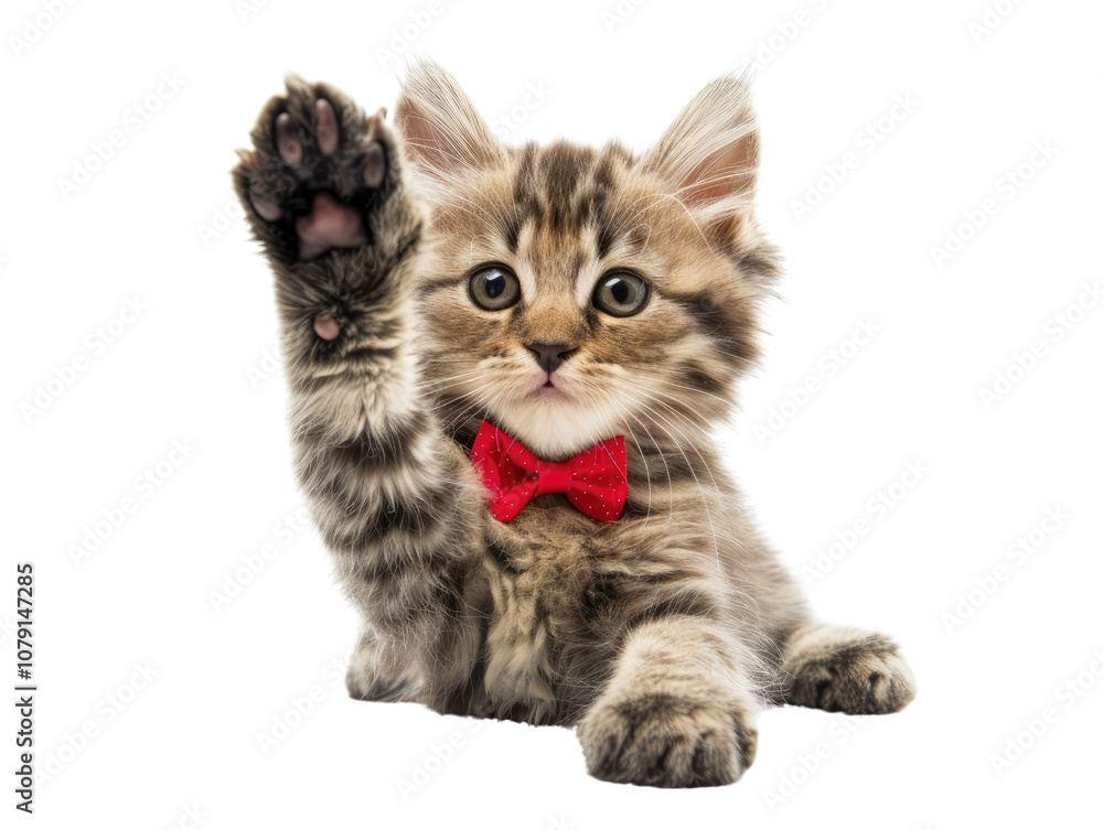 Obraz premium Adorable tabby cat with red bow tie raising paw on transparent background.
