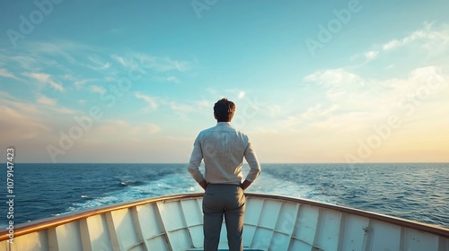 Serene Pause on the Open Sea A Businessperson s Moment of Reflection During Travel photo