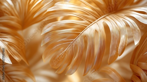 Close up of a feathery leaf with a gold hue. Concept of luxury and elegance, as the golden leaf appears to be a symbol of wealth and prosperity