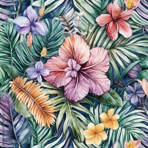 Wallpaper Mural Elegant Tropical Foliage and Exotic Flowers in a Ceramic Vase. Watercolor Botanical Illustration on White Background Torontodigital.ca