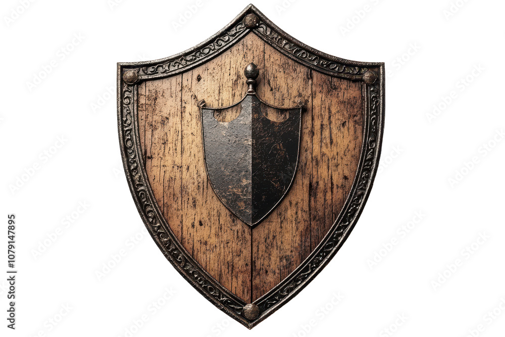 Decorative coat of arms with filigree heraldic border design on a wooden shield Decorative coat of arms with filigree heraldic border design on a wooden shield