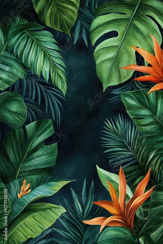 Exotic Tropical Botanical Frame with Watercolor Leaves and Flowers, Perfect for Wedding Invitations