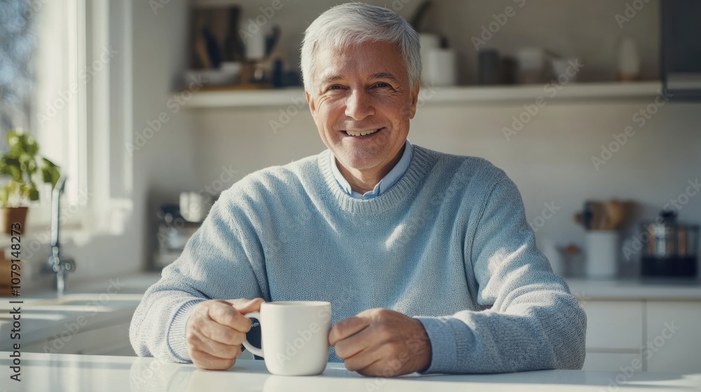 A cheerful senior man in a cozy sweater holds a coffee mug, enjoying a quiet morning in a bright kitchen. Warm and relaxed atmosphere. A cheerful senior man in a cozy sweater holds a coffee mug, enjoying a quiet morning in a bright kitchen. Warm and relaxed atmosphere.