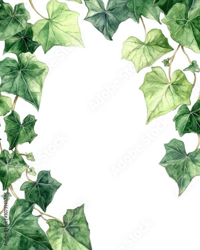 Hand Drawn Ivy Leaves Border in Watercolor Style for Botanical Decoration