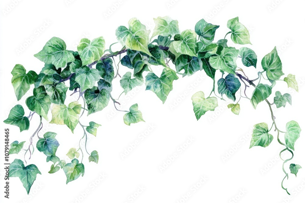 Hand-drawn Watercolor Ivy Branch Frame with Green Leaves Isolated on White Hand-drawn Watercolor Ivy Branch Frame with Green Leaves Isolated on White
