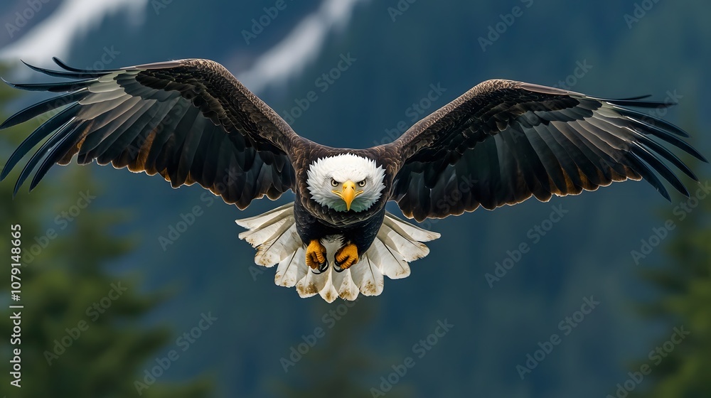 Bald eagle in flight, wings spread wide. Bald eagle in flight, wings spread wide.