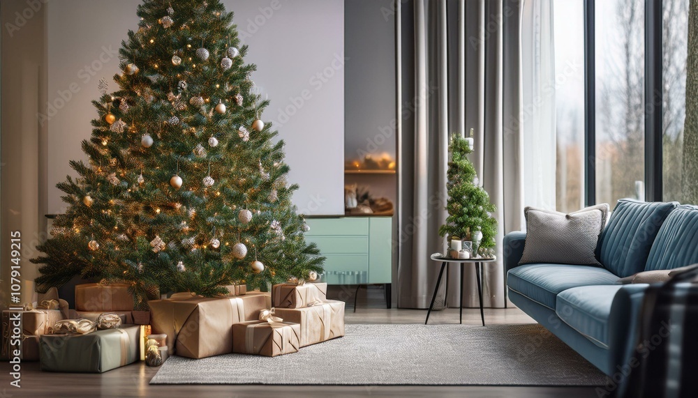 Christmas tree and gifts in the living room Christmas tree and gifts in the living room