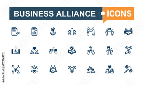 Business Relationship icons in linear style. Related to handshake, group, hand, organization, unity, people and more. Thin outline icons pack. Editable stroke. Vector illustration.