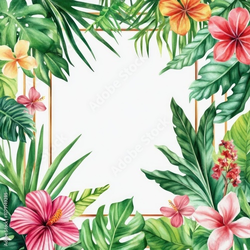 Tropical Foliage and Exotic Flowers Watercolor Bouquet for Wedding Invitation