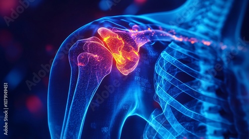 A vivid illustration of a human shoulder joint, showcasing intricate details of bones, muscles, and connective tissues in a striking blue and orange color scheme.