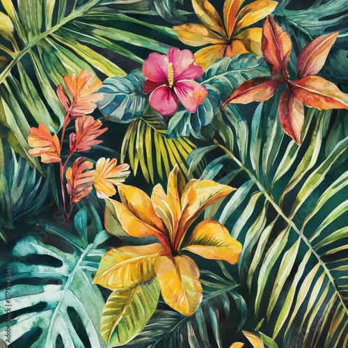 Vibrant Tropical Botanical Illustration - Exotic Leaves and Flowers in Watercolor, Perfect for Invitations and Cards