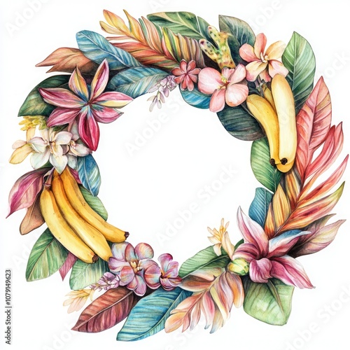 Watercolor Botanical Frame with Tropical Leaves and Flowers for Wedding Invitation Design