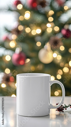 Christmas mockup one white empty tea mugs on a table and branches of a Christmas tree wreath and christmas background. Cup template for your design, logo with copy space. New Year 