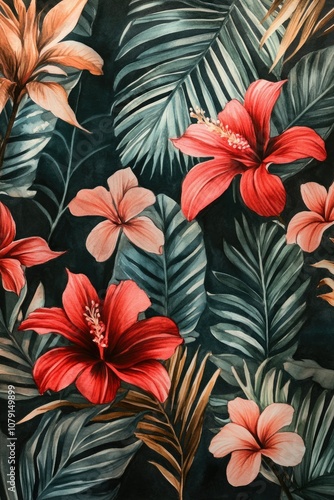 Watercolor Tropical Foliage and Exotic Flowers for Wedding Invitation