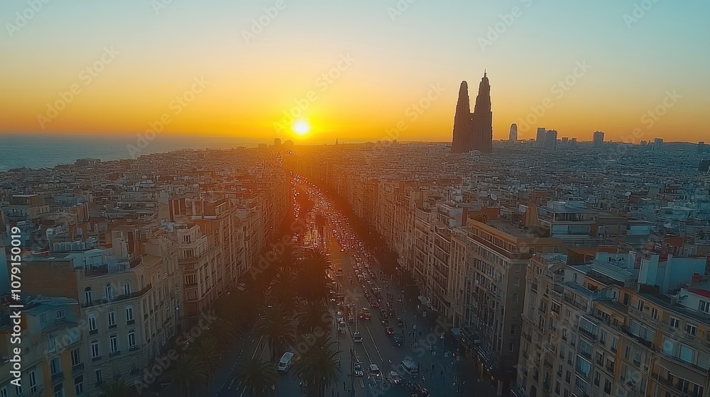 Obraz premium Sunset over a cityscape with a busy road and tall buildings in the distance.