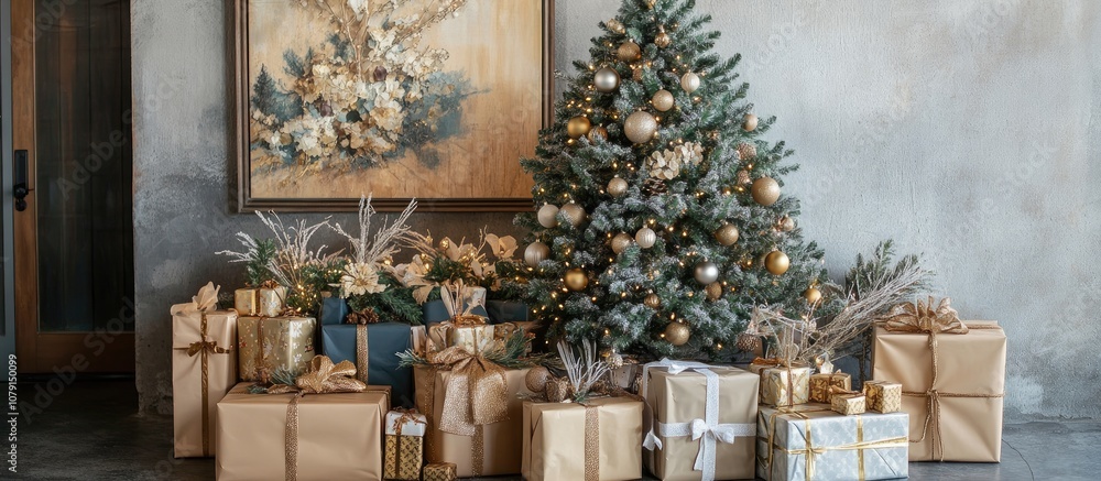 Charming room decor featuring a beautifully adorned Christmas tree surrounded by thoughtfully arranged gifts perfect for festive celebrations Charming room decor featuring a beautifully adorned Christmas tree surrounded by thoughtfully arranged gifts perfect for festive celebrations