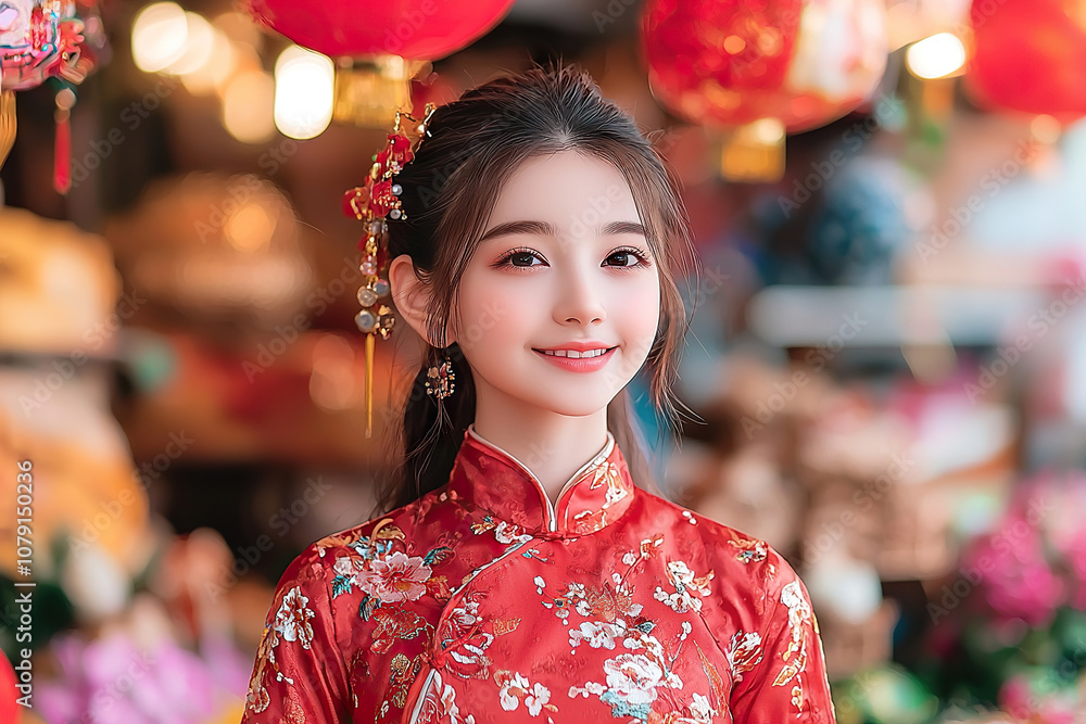 Smiling Korean girl wearing red traditional dress, surrounded by colorful lanterns and decorations, exuding joy and cultural charm Smiling Korean girl wearing red traditional dress, surrounded by colorful lanterns and decorations, exuding joy and cultural charm