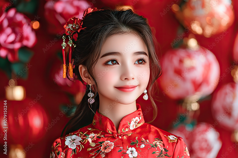 Young woman smiling in red traditional dress with floral patterns, surrounded by decorative lanterns and flowers, exuding joy and elegance Young woman smiling in red traditional dress with floral patterns, surrounded by decorative lanterns and flowers, exuding joy and elegance