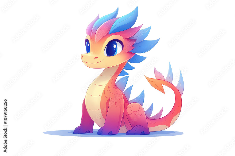 A joyful dragon character sits happily, ready for an adventure in a colorful world A joyful dragon character sits happily, ready for an adventure in a colorful world