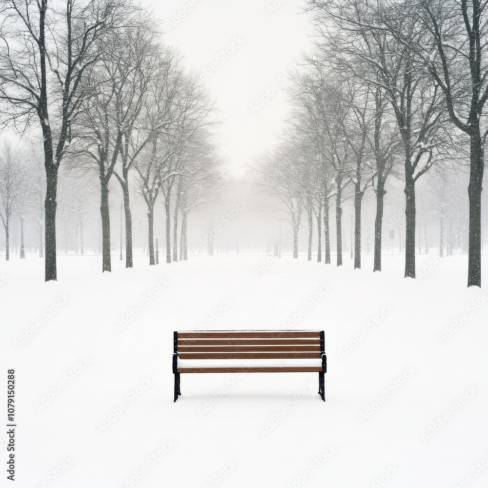 A serene winter landscape features a solitary bench surrounded by snow-covered trees, creating a tranquil and peaceful atmosphere. A serene winter landscape features a solitary bench surrounded by snow-covered trees, creating a tranquil and peaceful atmosphere.