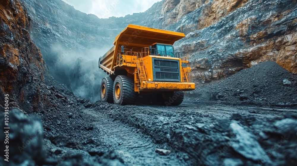 Yellow Mining Dump Truck Driving Through a Rocky Quarry Yellow Mining Dump Truck Driving Through a Rocky Quarry