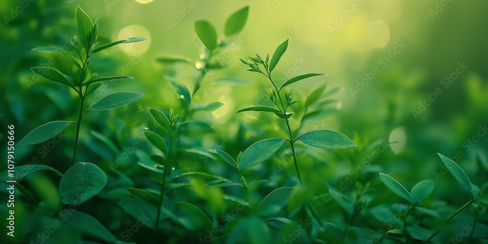Young, vibrant green plants sprout energetically in lush sunlight, signifying growth and renewal in a tranquil setting.