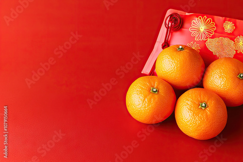 Fresh oranges on vibrant red background with decorative pouch, symbolizing prosperity and good fortune during celebrations. Perfect for festive occasions photo