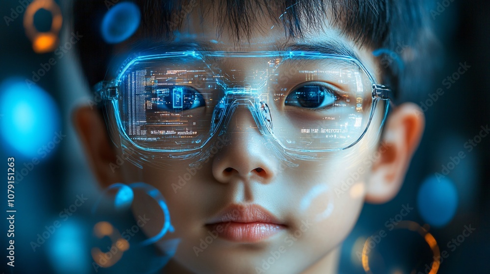 A young boy with futuristic glasses gazes forward, digital elements reflecting in his lenses, suggesting a blend of technology and curiosity. A young boy with futuristic glasses gazes forward, digital elements reflecting in his lenses, suggesting a blend of technology and curiosity.