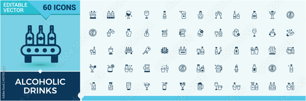 Set of Alcohol line icons. Contains related to water, tequila, cocktail, cognac, juice, alcohol, stroke and more. Minimal linear icons. Editable vector stroke. Set of Alcohol line icons. Contains related to water, tequila, cocktail, cognac, juice, alcohol, stroke and more. Minimal linear icons. Editable vector stroke.