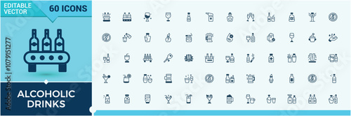 Set of Alcohol line icons. Contains related to water, tequila, cocktail, cognac, juice, alcohol, stroke and more. Minimal linear icons. Editable vector stroke.