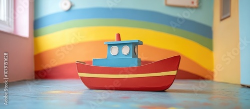 Cardboard toy ship placed in a colorful children s room adorned with a painted rainbow mural imaginative play space photo