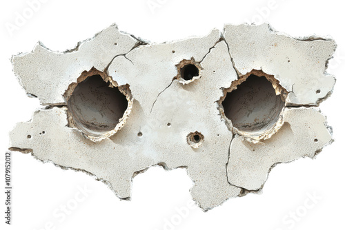 Bullet holes in damaged stone wall showing signs of conflict and weathering